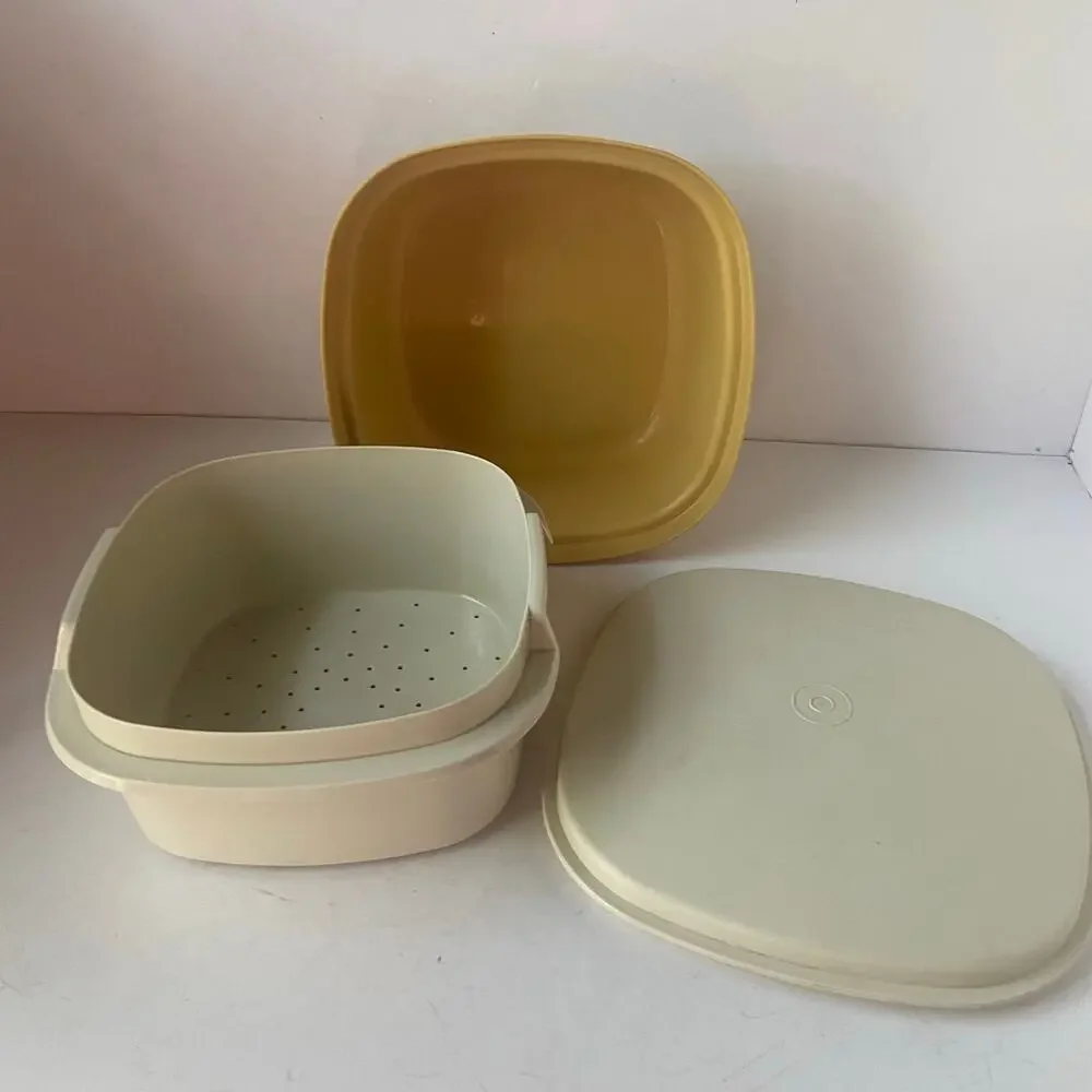Vintage Tupperware Square Microwave Steamer 3 Piece Set Harvest Gold 888-10 GUC